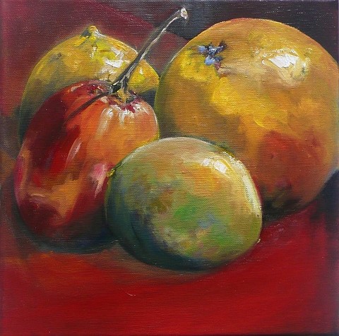 Peintre lyonnais - Huile 30x30 Agrumes et tamarillo