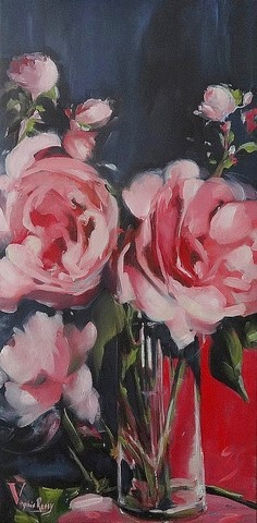 Peinture à l'huile - Le vase aux roses 40x80 - V RESSY 