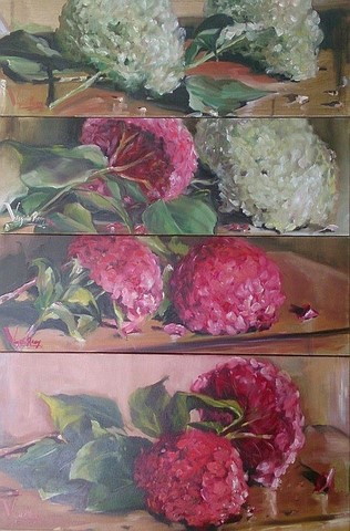 4 tableaux fleurs les hortensias au Jardin