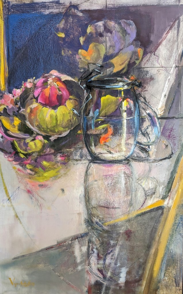 Fleurs d'artichauts huile sur châssis toilé lin 92x73