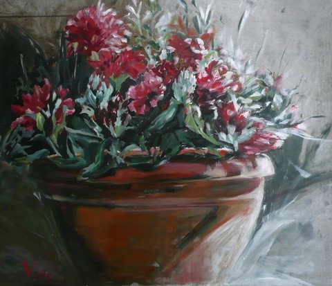 Huile sur béton ciré 56x70 Rhododendron - Peinture fleur lyonnaise 